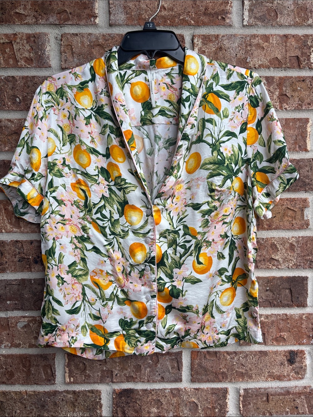 Anthropologie satin pajama top Floral Citrus Short-Sleeve